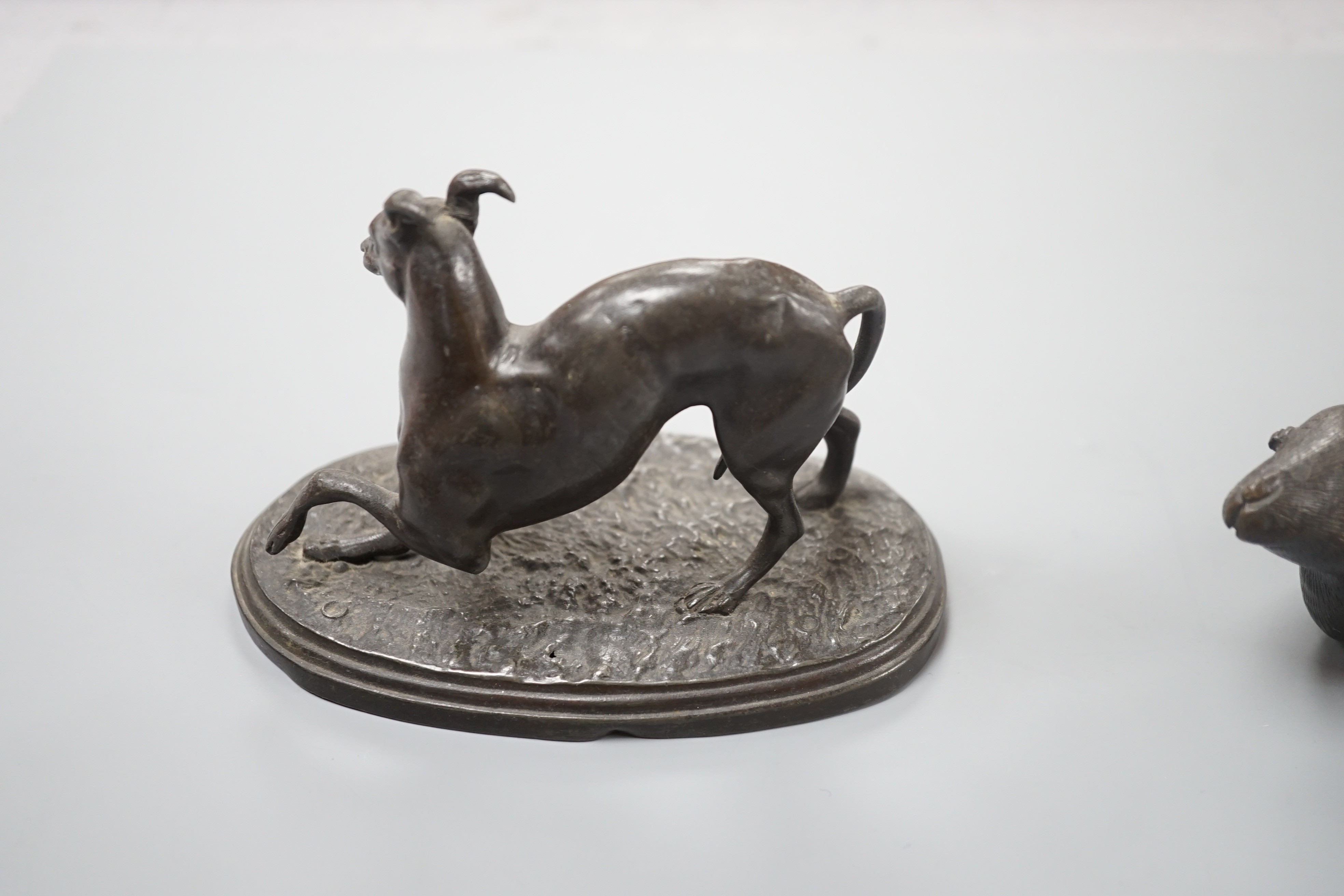 A bronze figure of a mouse and an Animalier group of a playful dog and tortoise, mouse 11cms wide.